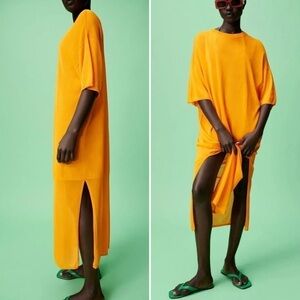 Zara Yellow-Orange Knit Short Sleeve Crewneck Tunic Dress | Size Small